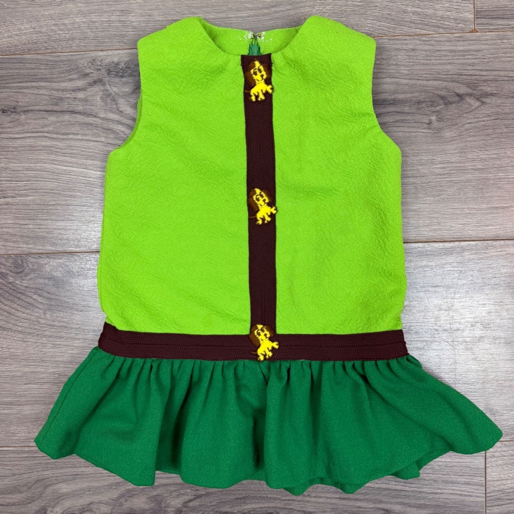 Vintage Handmade Green Drop Waist Dog Applique Dress 2T 18-24M Cottagecore Retro